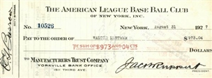 1927 Walter Dutch Ruether Yankee Payroll Check Signed by Ed Barrow and Jacob Ruppert